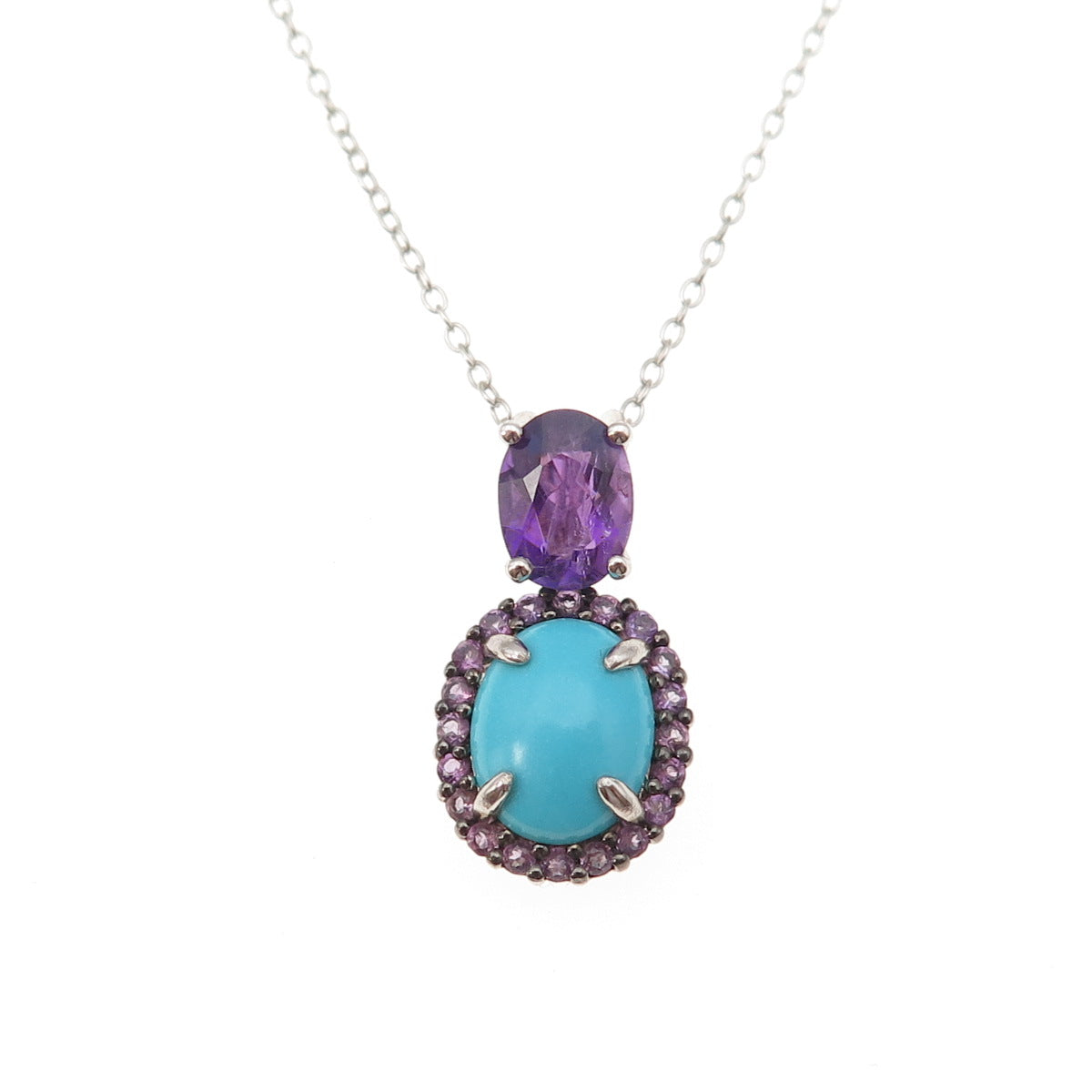 925 Sterling Real Sleeping Beauty Turquoise & Amethyst Cable Chain Necklace 18"