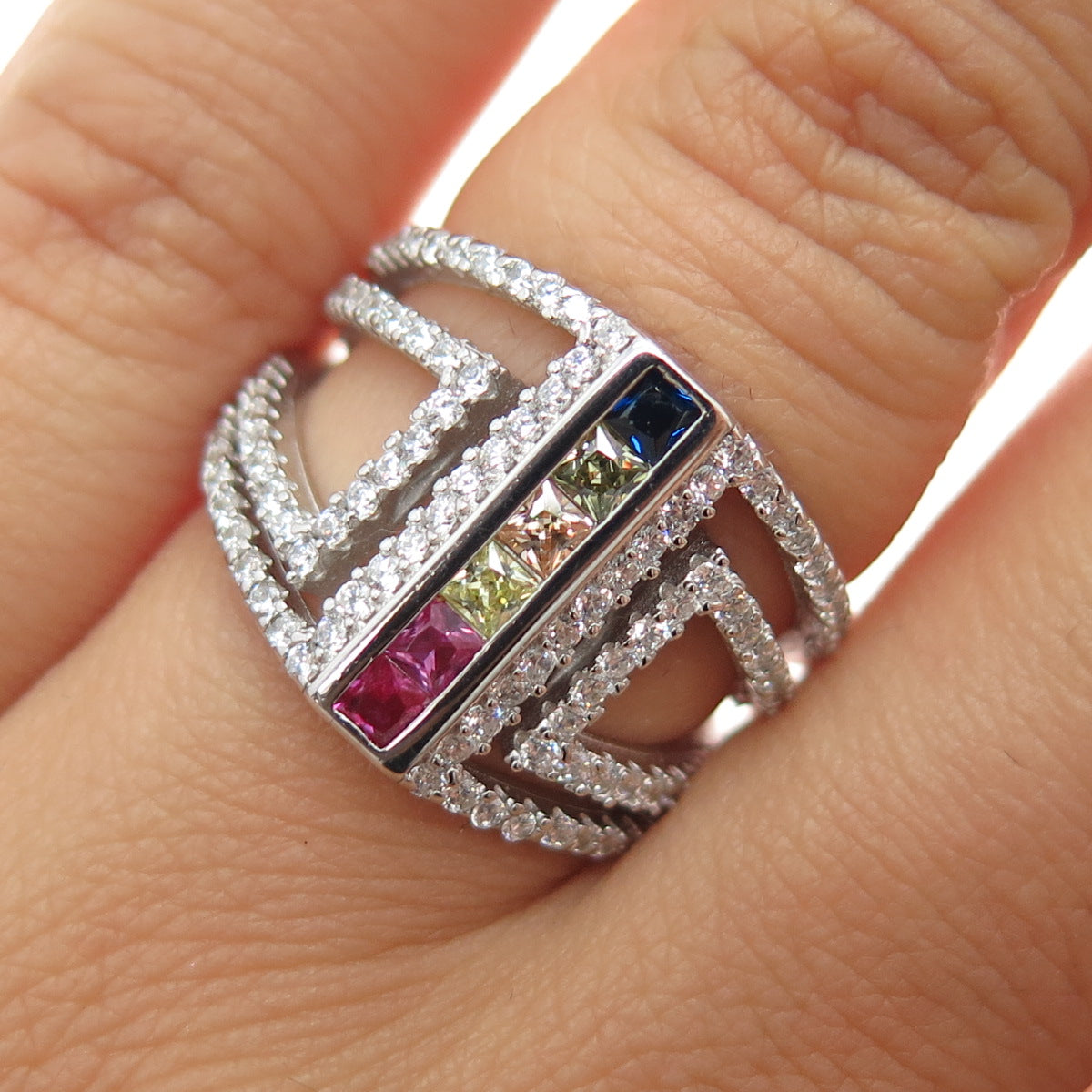 925 Sterling Silver Princess & Round-Cut Multi-Color C Z Ring Size 6.75