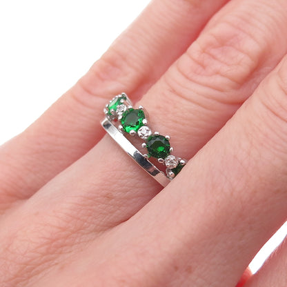 925 Sterling Silver Real Round-Cut Chrome Diopside & C Z Tiara Ring Size 6