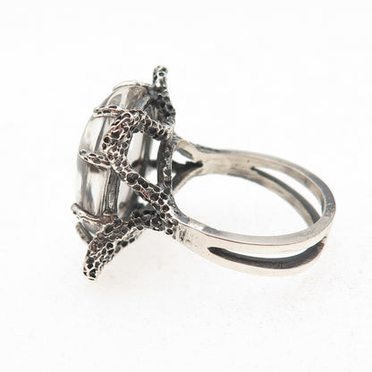 925 Sterling Silver Vintage Real Clear Quartz Modernist Oxidized Ring Size 5.5