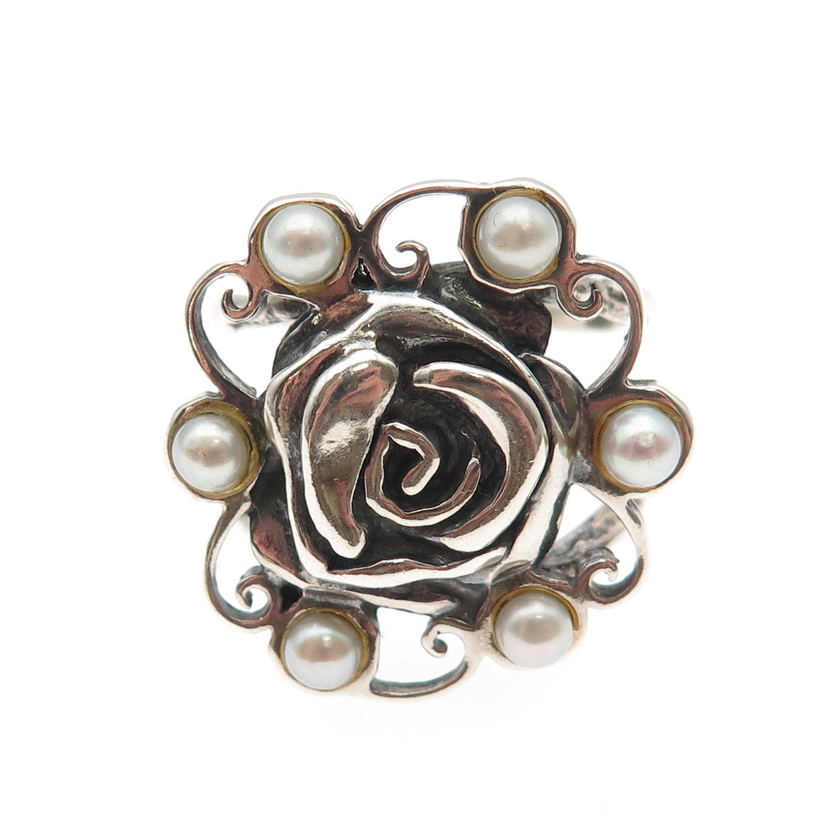Golan Goldex 925 Sterling Silver Vintage Real Pearl Modernist Rose Ring Size 7.5
