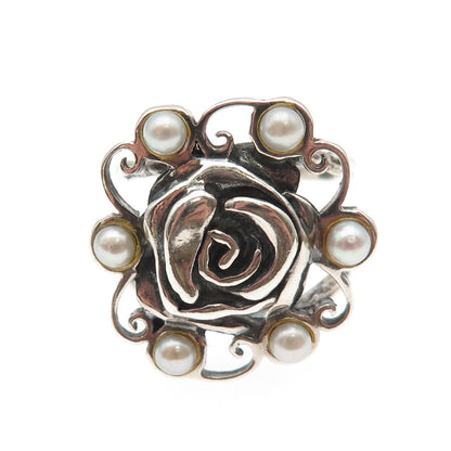Golan Goldex 925 Sterling Silver Vintage Real Pearl Modernist Rose Ring Size 7.5