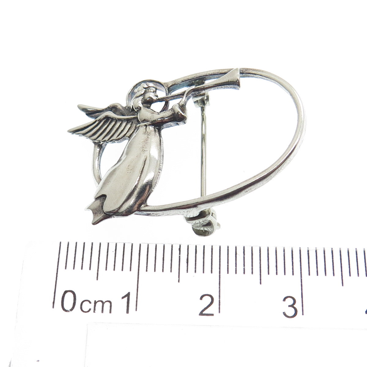 JEZLAINE 925 Sterling Silver Vintage Angel Playing Trumpet Flying Pin Brooch