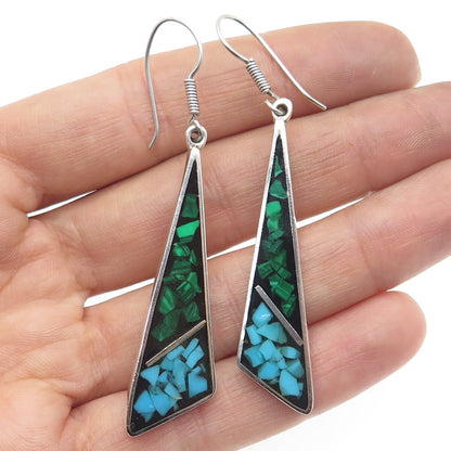 925 Sterling Silver Vintage Mexico Real Turquoise & Malachite Inlay Earrings