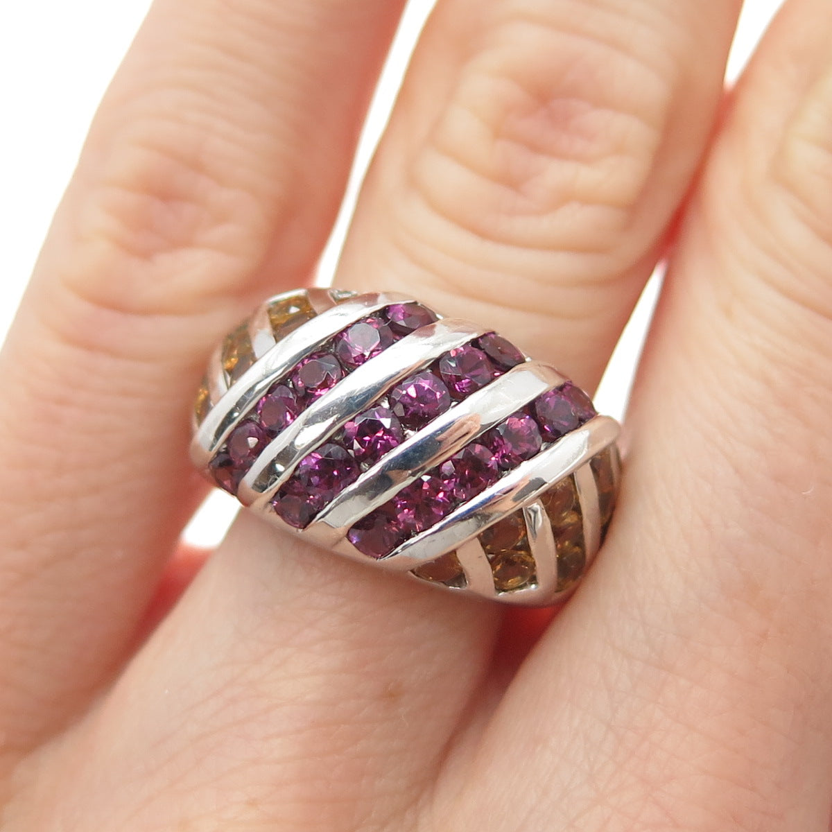 SLV SADYE L VASSIL Sterling Silver Real Amethyst & Citrine Dome Ring Size 5.25