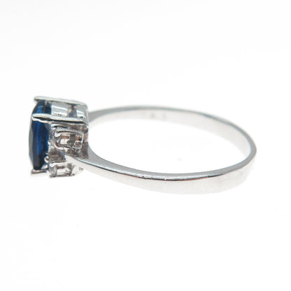 925 Sterling Silver Real Oval-Cut Blue Spinel & Round-Cut C Z Ring Size 7.75