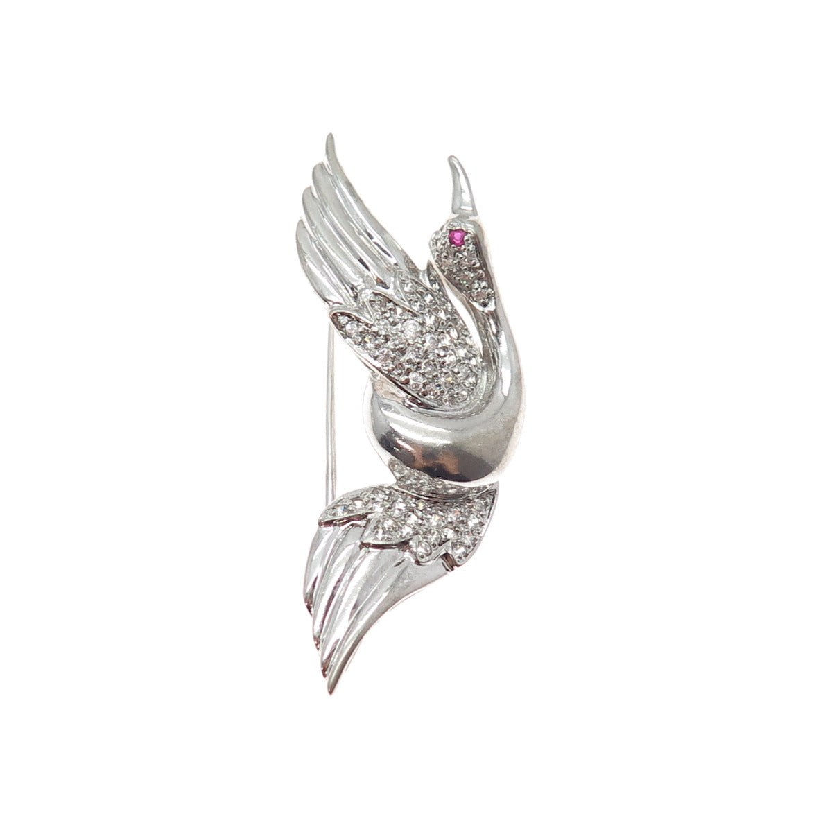 925 Sterling Silver Vintage White & Pink C Z Swan Pin Brooch