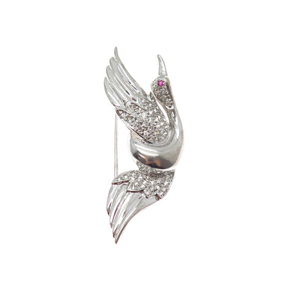 925 Sterling Silver Vintage White & Pink C Z Swan Pin Brooch