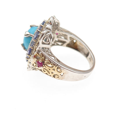 Chuck Clemency 925 Sterling 2-Tone Real Turquoise Tanzanite & Ruby Ring Size 8