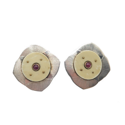 925 Sterling Silver & 14K Yellow Gold Vintage Real Ruby Modernist Earrings