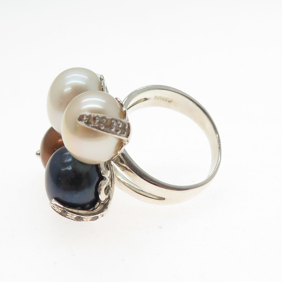 GSJ GOLD STONE 925 Sterling Silver Vintage Real Pearl White Topaz Ring Size 7.25