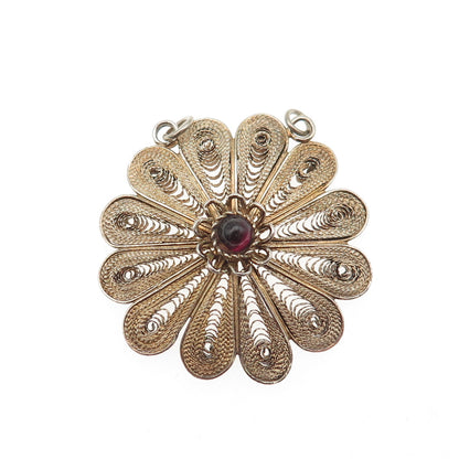 925 Sterling Gold Plated Vintage Real Garnet Filigree Flower Centerpiece Pendant