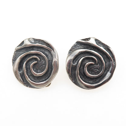 925 Sterling Silver Vintage Modernist Spiral Oxidized Clip On Earrings