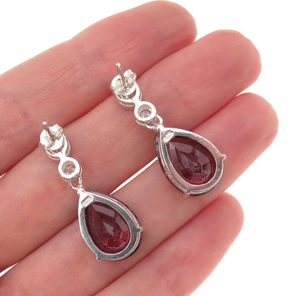 925 Sterling Silver Vintage Real Red Garnet & C Z Teardrop Dangle Earrings