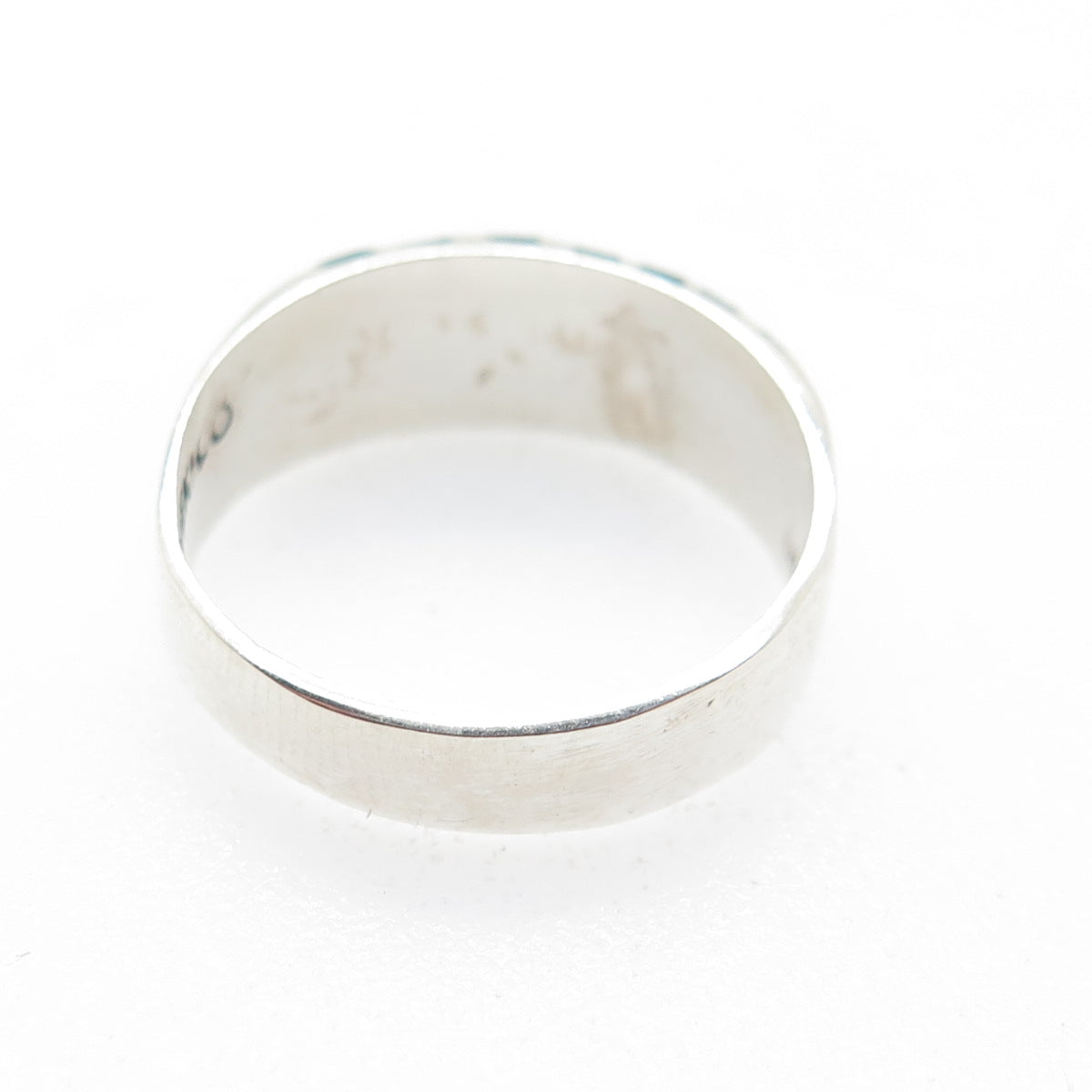 925 Sterling Silver Vintage Mexico Turquoise Inlay Ribbed Band Ring Size 6.5