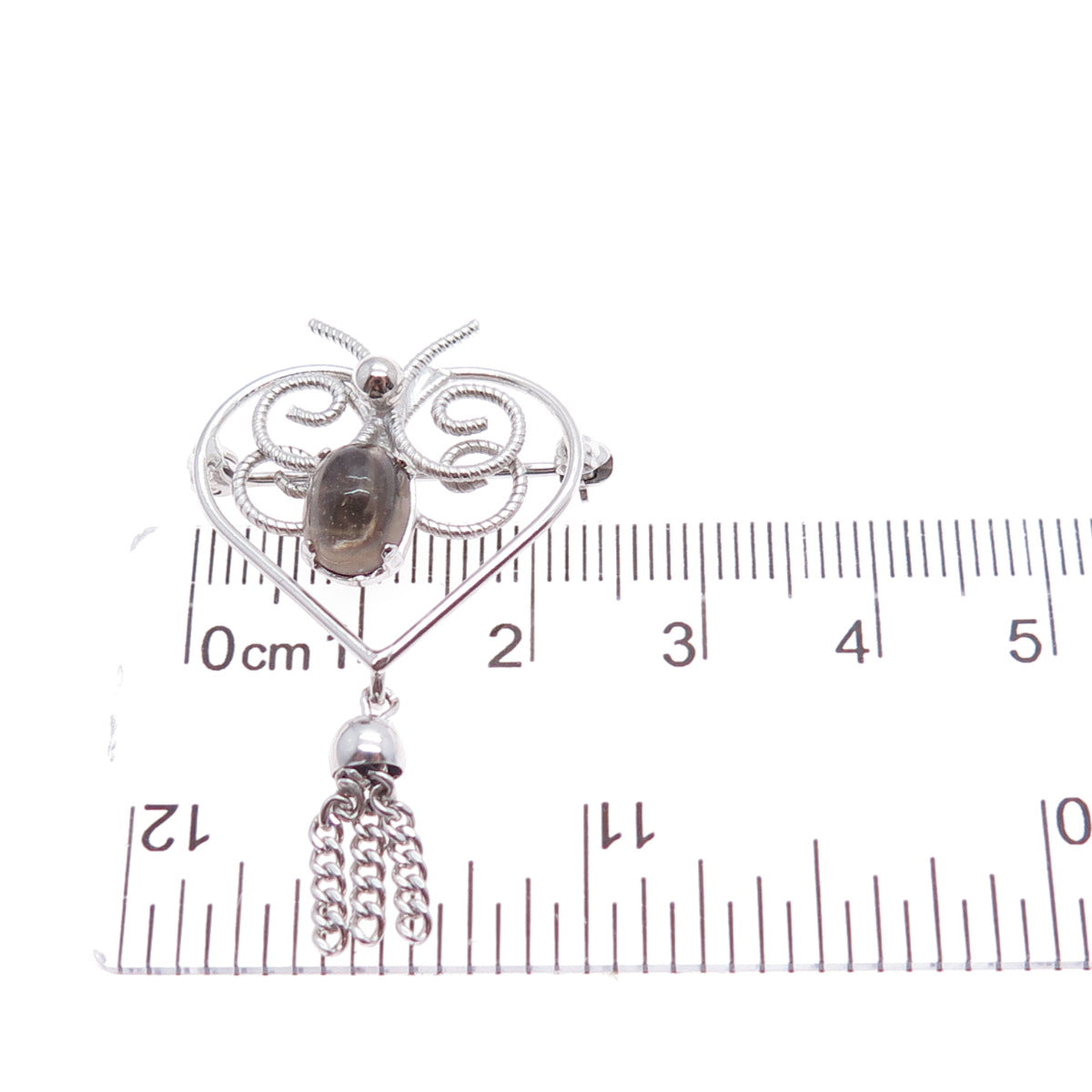 WELLS Sterling Silver Vintage Real Smoky Quartz Butterfly Heart Tassel Brooch