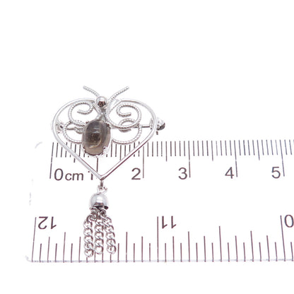 WELLS Sterling Silver Vintage Real Smoky Quartz Butterfly Heart Tassel Brooch