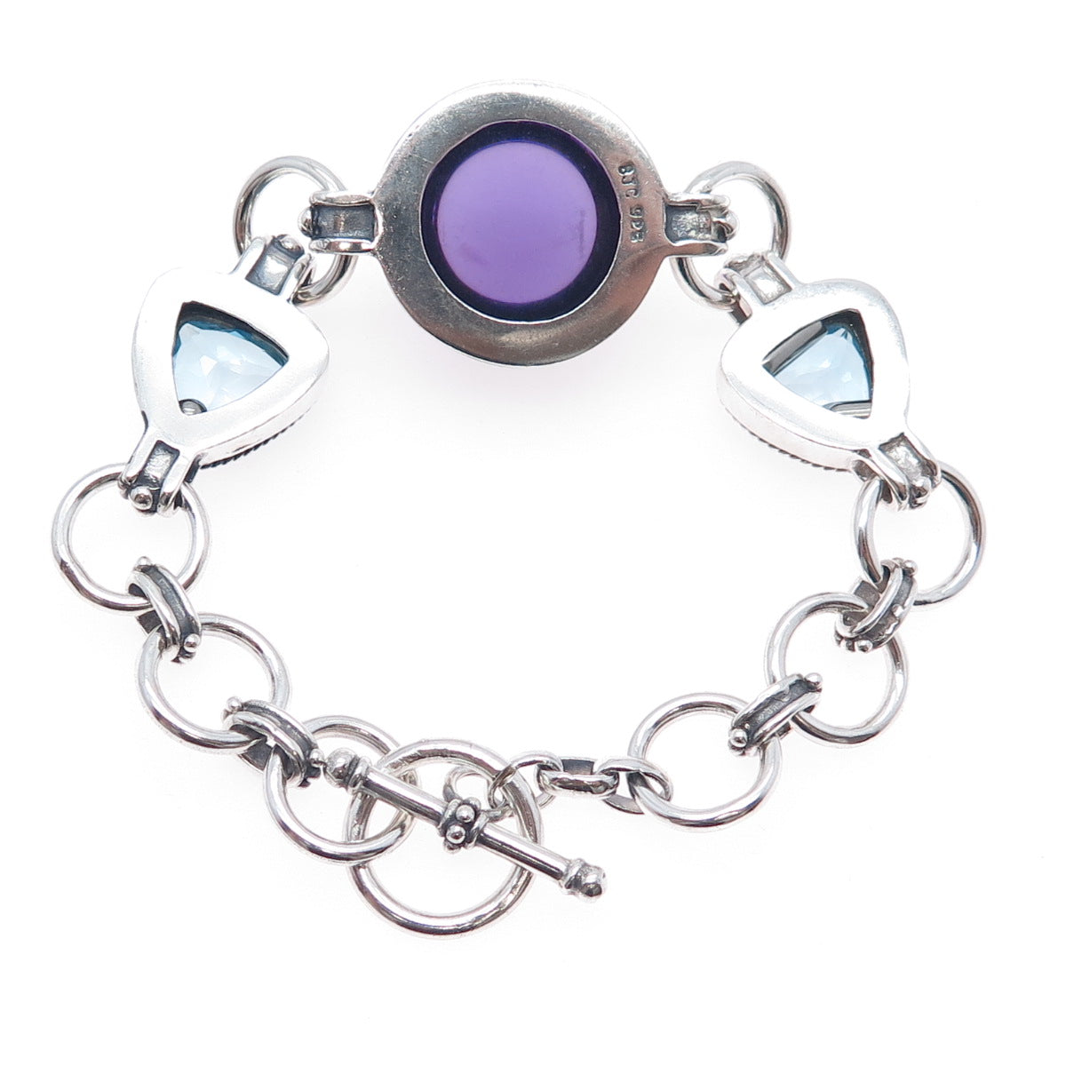 SAMUEL BENHAM Sterling Silver Vintage Real Amethyst & Blue Topaz Bracelet 7.25"