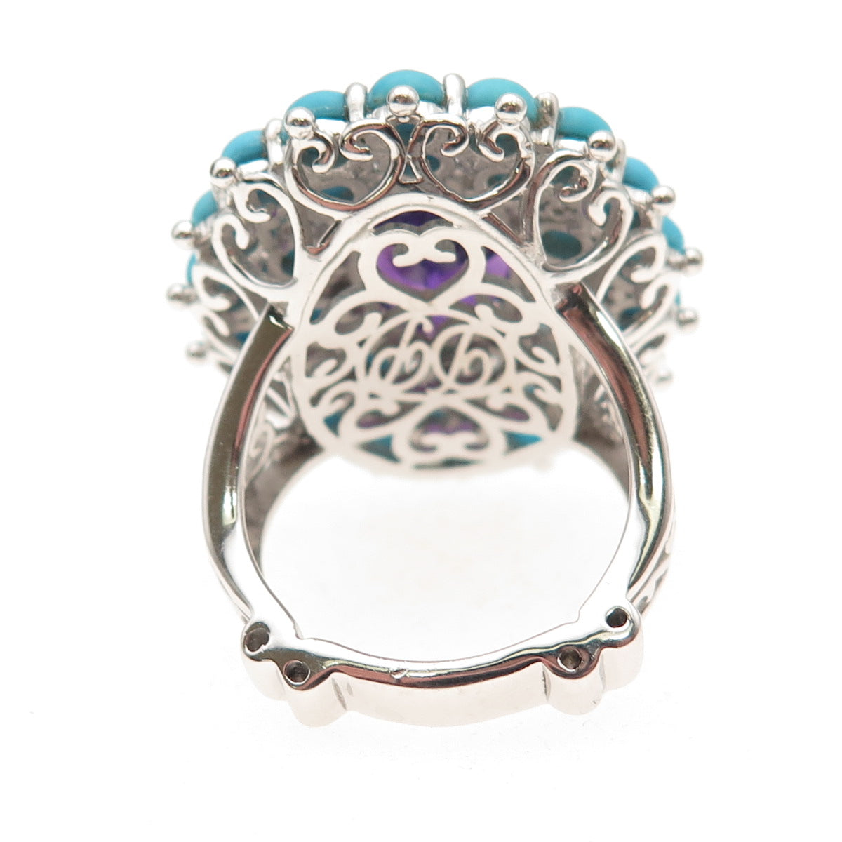 925 Sterling Silver Real Turquoise Amethyst & White Topaz Ring Size 8