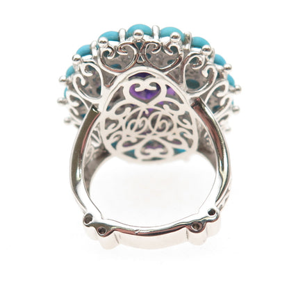 925 Sterling Silver Real Turquoise Amethyst & White Topaz Ring Size 8