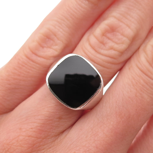 925 Sterling Silver Vintage Real Black Onyx Signet Oxidized Ring Size 6.25