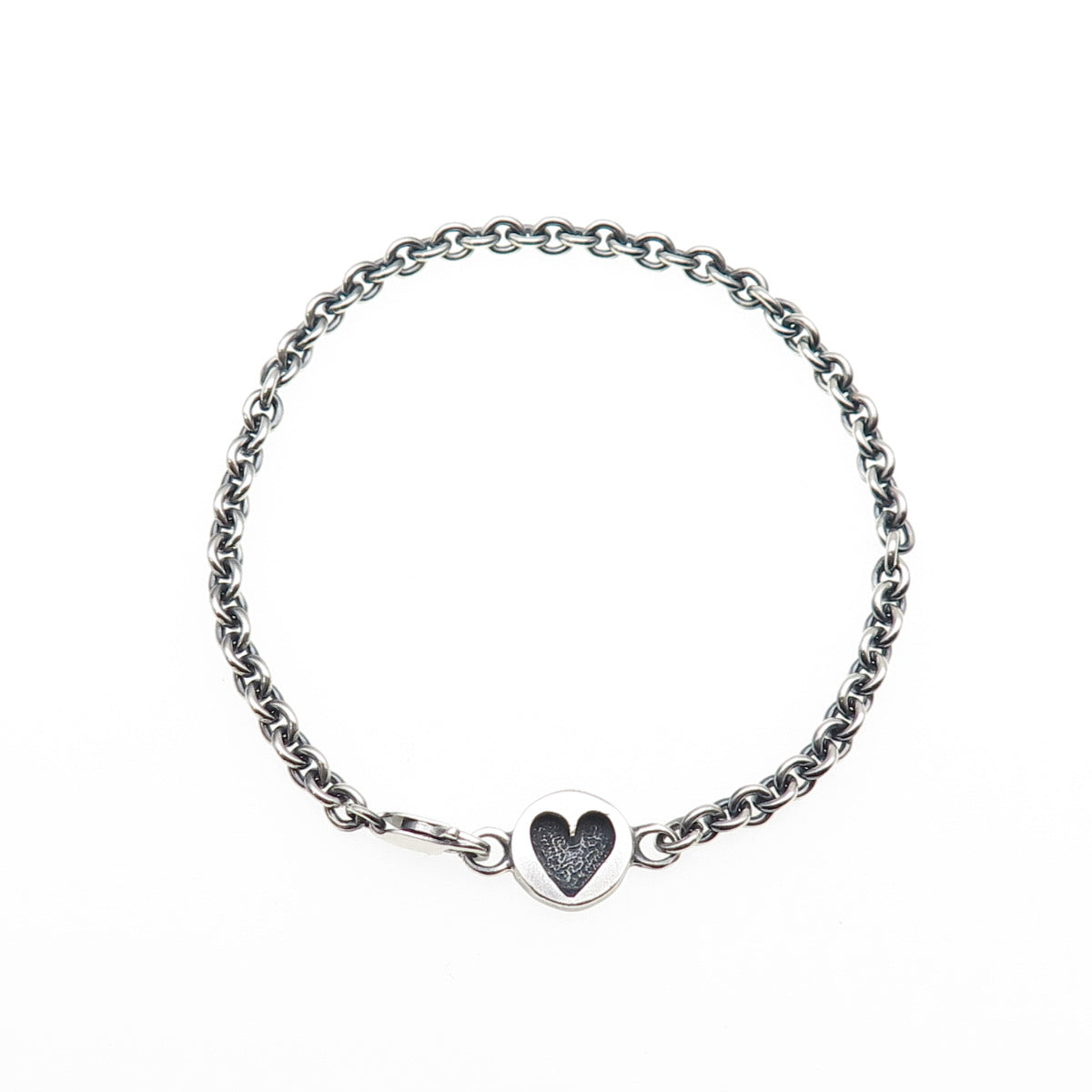 925 Sterling Silver Vintage Heart Tag Cable Link Oxidized Bracelet 7"