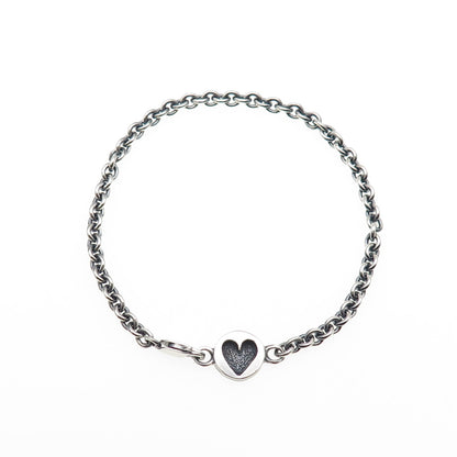 925 Sterling Silver Vintage Heart Tag Cable Link Oxidized Bracelet 7"