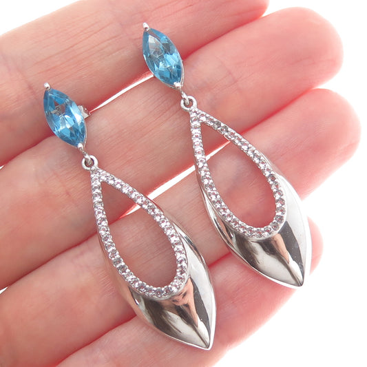 925 Sterling Silver Real Marquise-Cut Blue Round-Cut White Topaz Dangle Earrings