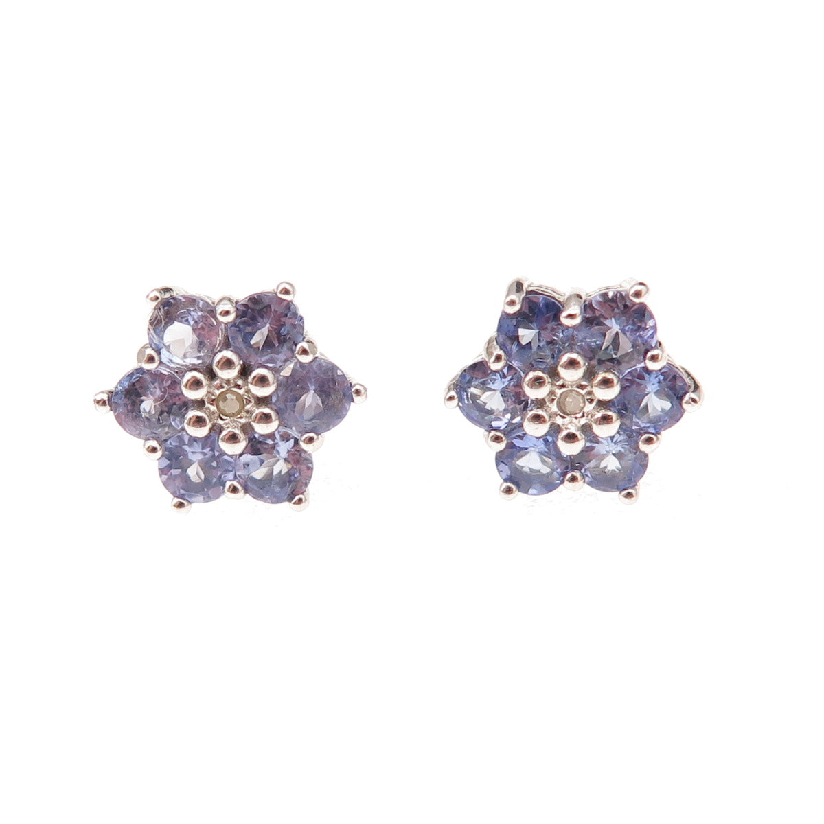 925 Sterling Silver Real Round-Cut Diamond & Tanzanite Floral Stud Earrings