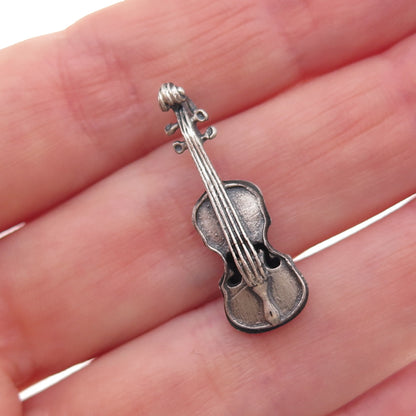 Beau 925 Sterling Silver Vintage Violin Oxidized 3D Charm Pendant