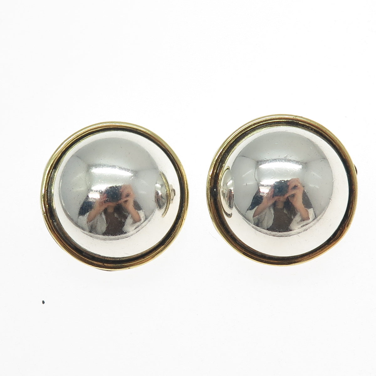 925 Sterling Silver 2-Tone Vintage Mexico Modernist Dome Clip On Earrings