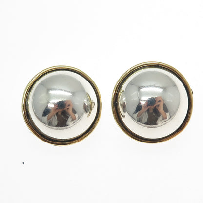 925 Sterling Silver 2-Tone Vintage Mexico Modernist Dome Clip On Earrings