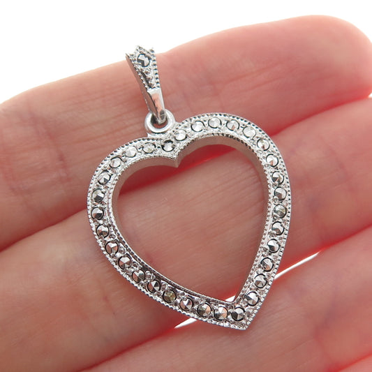 THEDA 925 Sterling Silver Vintage Real Marcasite Heart Charm Pendant