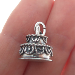 BEAU 925 Sterling Silver Antique Birthday Cake Oxidized Mini 3D Charm Pendant