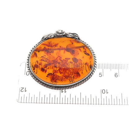 925 Sterling Silver Vintage Real Amber Floral Oxidized Pin Brooch