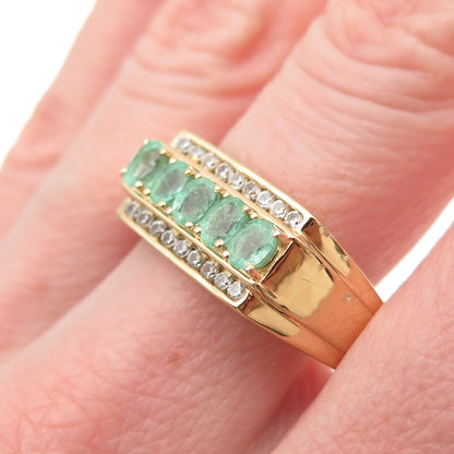 D'JOY 925 Sterling Silver Gold Plated Real Emerald & White Topaz Ring Size 13