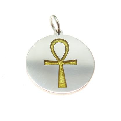 925 Sterling Silver Yellow Enamel Egyptian Ankh Round Minimalist Charm Pendant