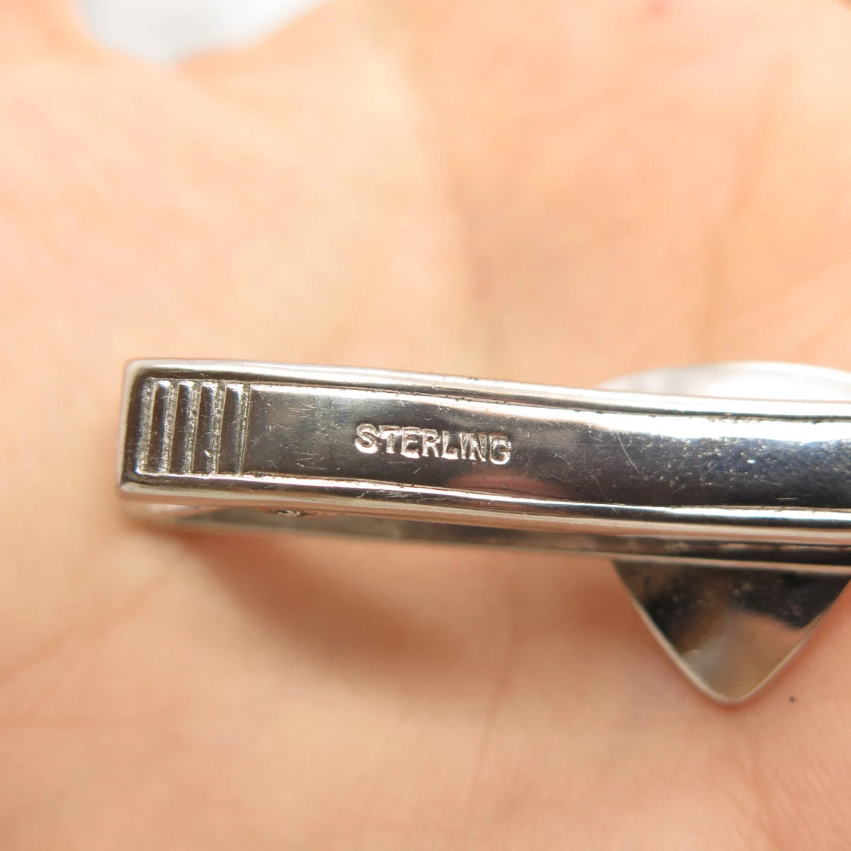 925 Sterling Silver Vintage Real Hematite Gem Etched Tie Clip