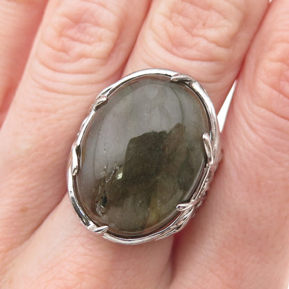 925 Sterling Silver Real Cabochon Labradorite Floral Ring Size 9.25