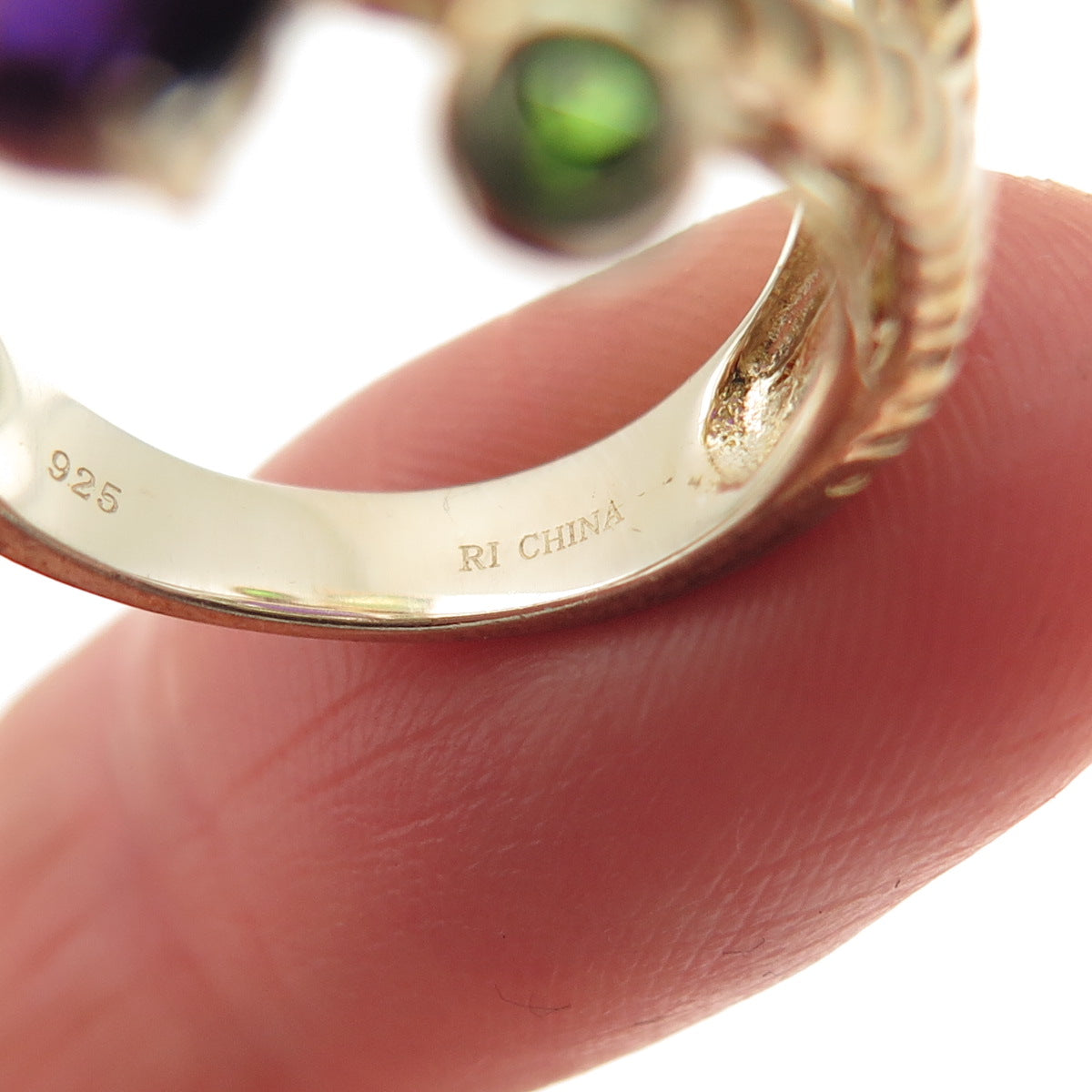 925 Sterling Silver Gold Plated Real Amethyst & Peridot Cluster Ring Size 6.25