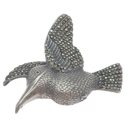 925 Sterling Silver Vintage Amethyst Gem Rhinestone Hummingbird Oxidized Brooch