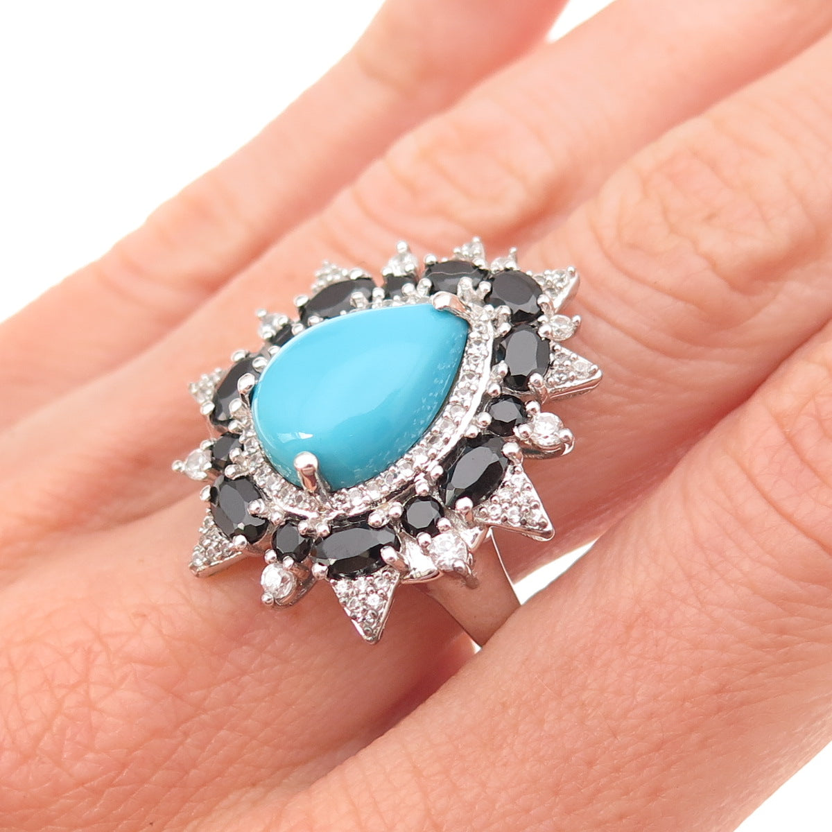 925 Sterling Silver Real Turquoise Black Spinel & White Topaz Floral Ring Size 8