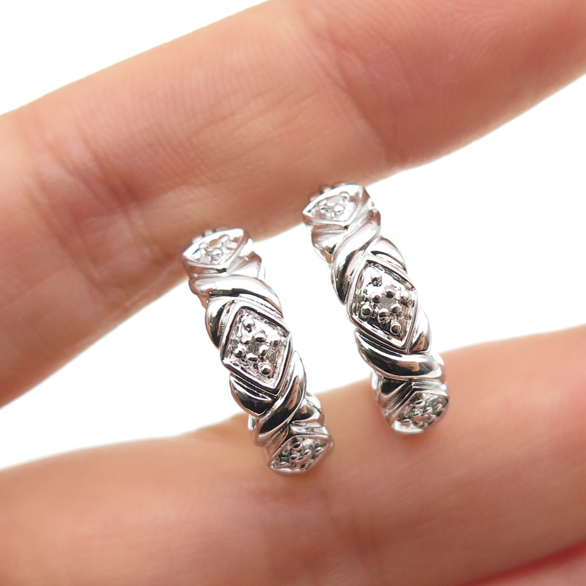 ROSS SIMONS 925 Sterling Silver Real Round-Cut Diamond Hoop Earrings