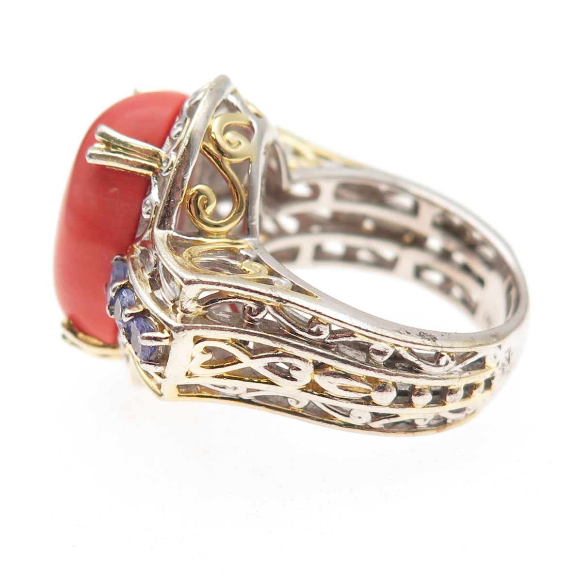 Michael Valitutti Gems En Vogue 925 Sterling 2-Tone Coral Tanzanite Ring Size 7