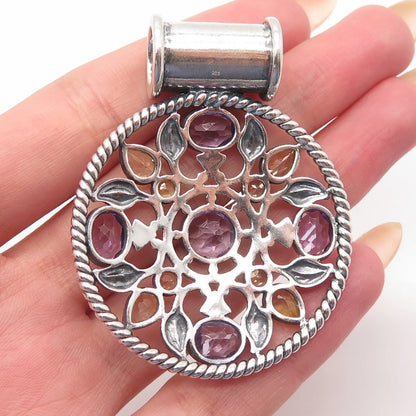 925 Sterling Silver Vintage Real Amethyst & Citrine Gemstone Ornate Pendant