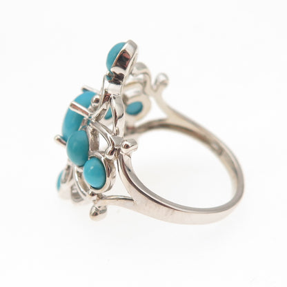 925 Sterling Silver Real Sleeping Beauty Turquoise Floral Cross Ring Size 8