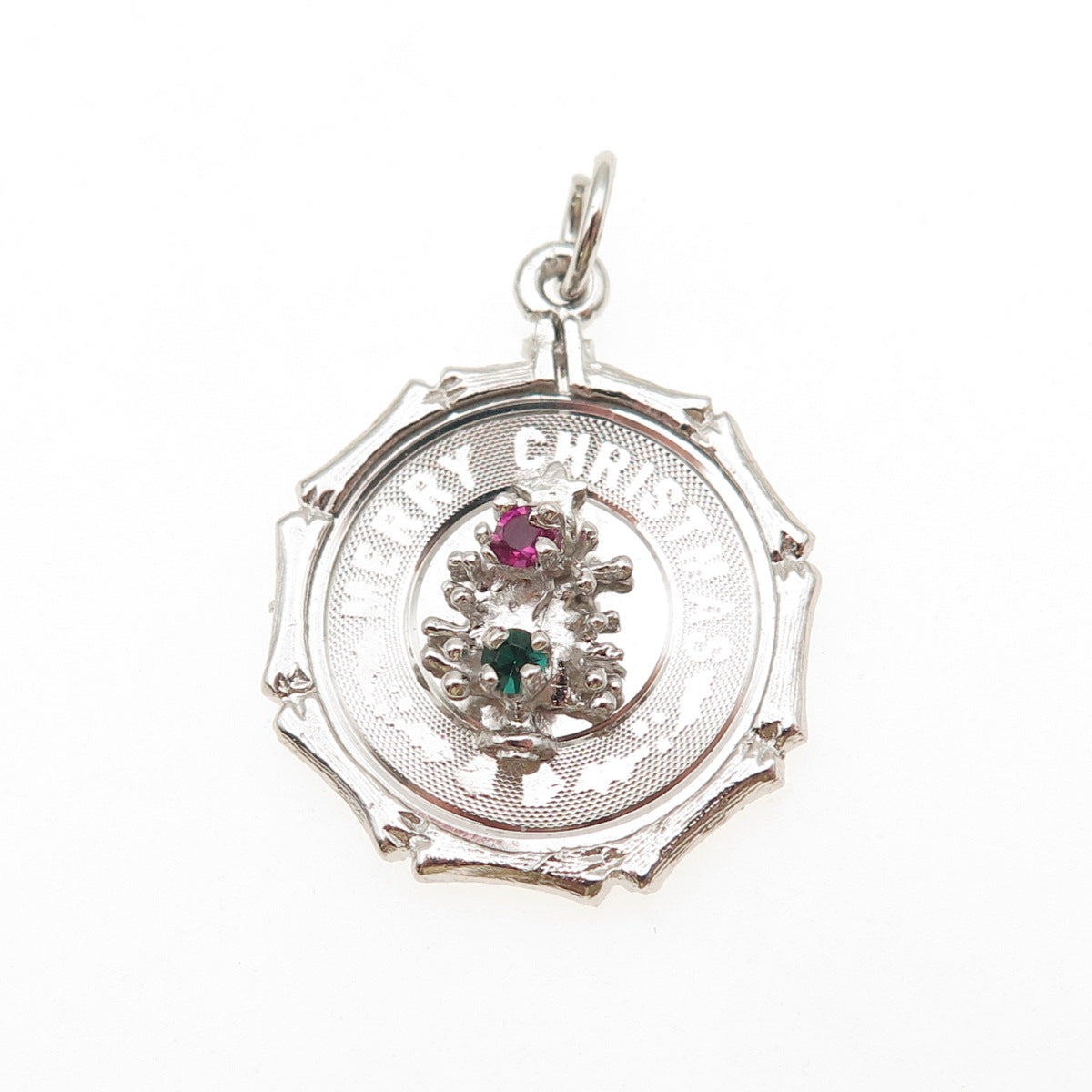 925 Sterling Silver Vintage Rhinestone Merry Christmas Tree Charm Pendant