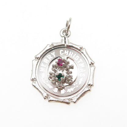 925 Sterling Silver Vintage Rhinestone Merry Christmas Tree Charm Pendant