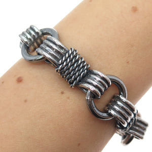 925 Sterling Silver Vintage Roped Bow Link Heavy 81.3g Oxidized Bracelet 7.75"