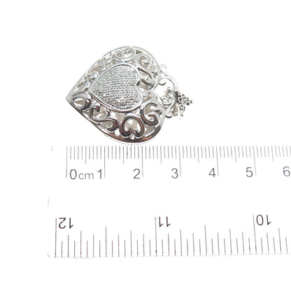 925 Sterling Silver Real Round-Cut Diamond Ornate Heart Charm Pendant